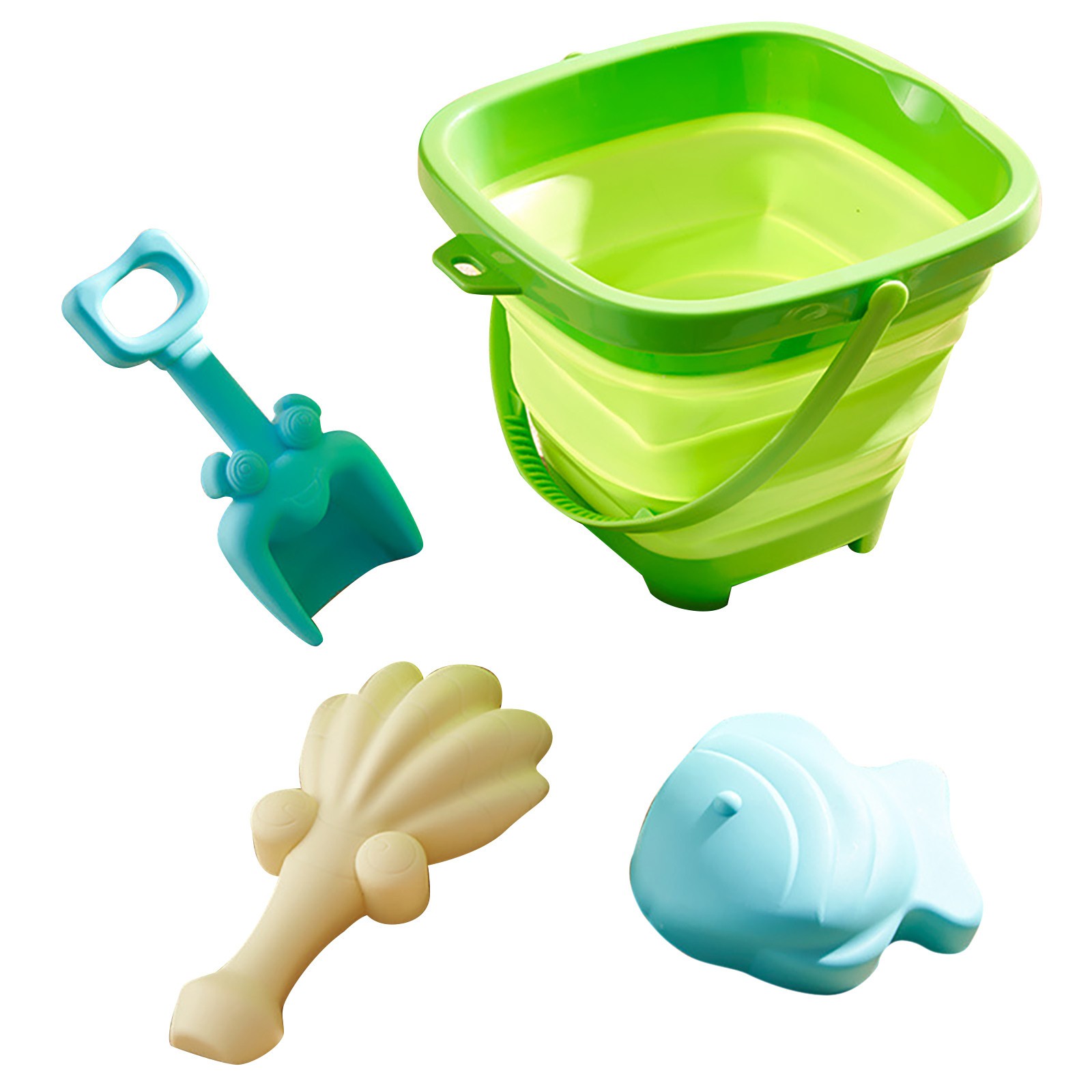 Kit De Plage 16 Pièces – Seau Pliable 2L, Pelles En Métal Et Bois, 6 Moules Châteaux, 6 Animaux Marins