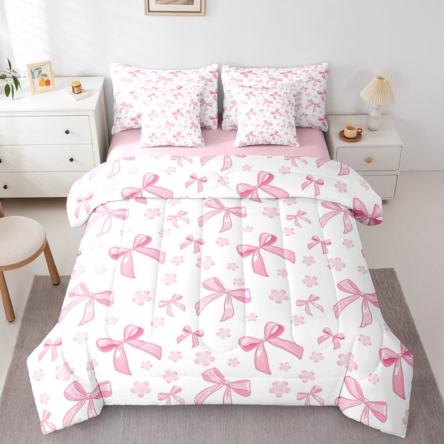 Erosebridal Ensembles de Literie pour Ados avec Nœud, Format Simple, Ensembles de Douillette Fleurs de Cerisier avec Draps, Rose, Réversible 7 Pcs