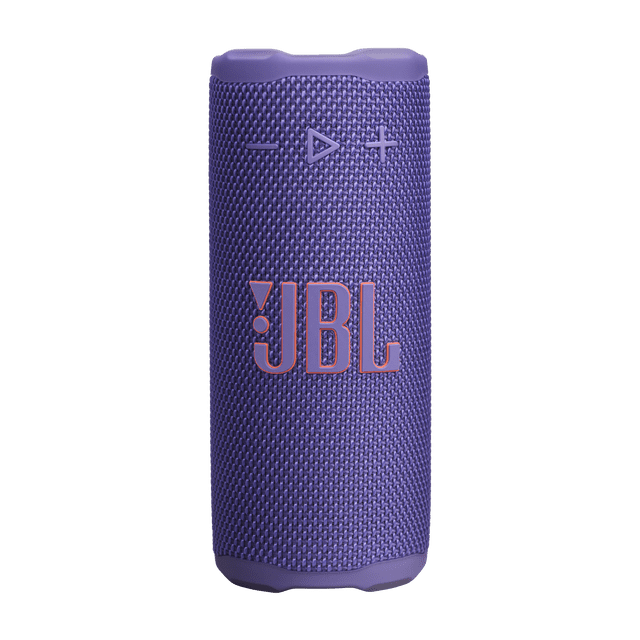 JBL Grip Purple Portable Speaker with compact cylindrical shape, textured purple fabric, rubberized edges, front volume and play buttons, and bold orange JBL logo. Ideal wireless Bluetooth speaker for portable audio and outdoor use.