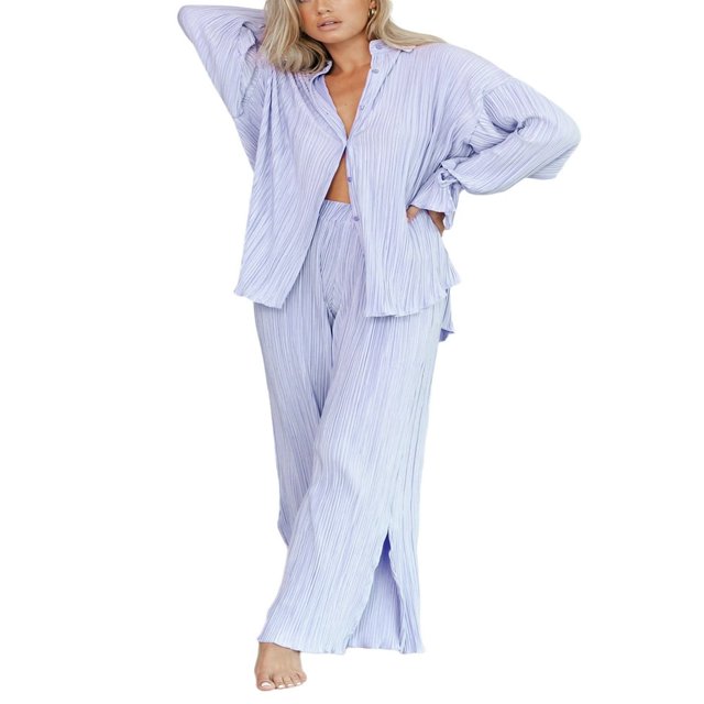 Women Solid Color Long Sleeve Blouse and Straight Fit Trousers