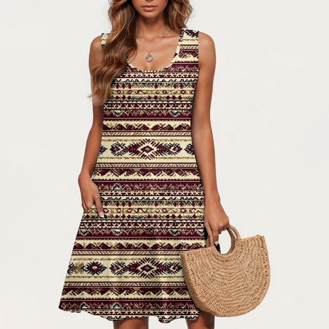 Ovzne Robes d'Été pour Femmes 2025 Robe Femme Robe Décontractée pour Femmes Grande Taille Sans Manches Col Ras du Cou Robe Courte à Rayures Robe pour Femmes Liquidation