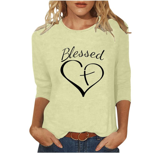 Penkiiy Hauts à Manches 3/4 Imprimés Cœur pour Femmes Col Rond Tunique de la Saint-Valentin Blouse L Kaki