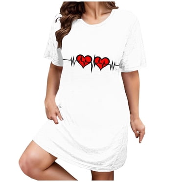 Kelon Women Nightgowns & Sleepshirts Plus Size Casual Sleep Dress Women's Plus Heart Print Short Sleeve Round Neck Medium Stretch Loose Nightdress Valentine's Day Nightdress