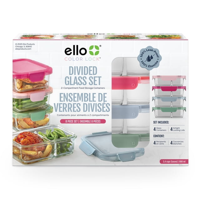 Ello Color Lock 8pc 3.4 Cup Divided Glass Meal Prep Set
