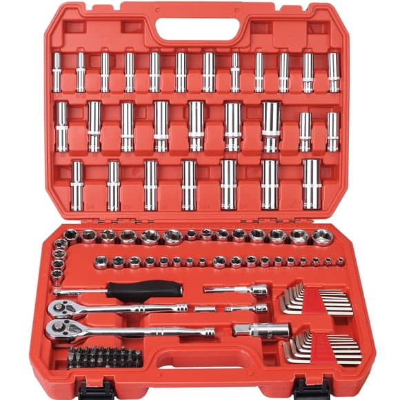 117 Pieces 1/4 and 3/8 inch Drive Socket Ratchet Wrench Set, Metric/SAE Size, with Bit Socket Set and Extension Bar for Auto Repairing and Household,
