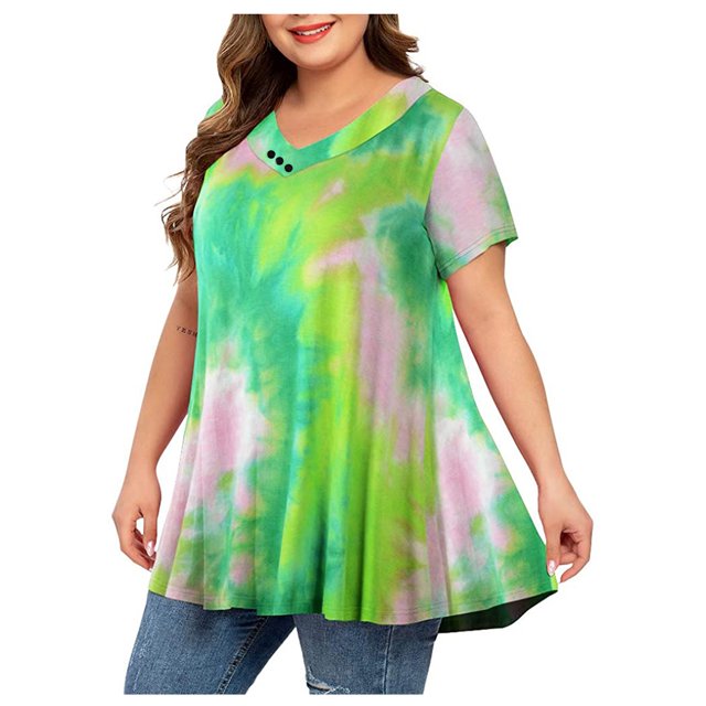 Héliisoer Plus Tops Taille Femmes Tie-dye Print Manches Courtes V-neck Chemisier Plissé