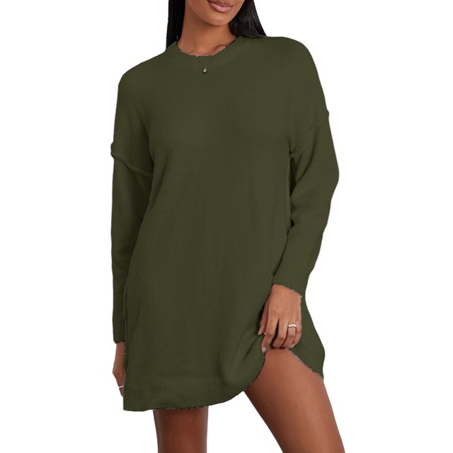 Faithtur Pull Tricoté Automne Hiver pour Femmes Couleur Unie Manches Longues Col Rond Long Tricoté