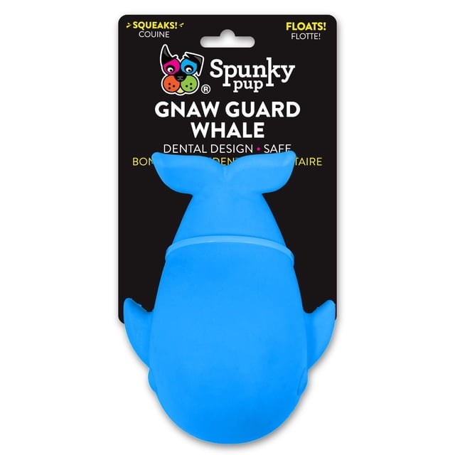 Gnaw Guard Foam Whale Dog Toy by Spunky Pup in bright blue dental-safe foam, shaped like a whale with tail and side fins, designed to float and support healthy teeth and gums, shown on black packaging highlighting its squeaking and floating features, suitable for outdoor play.