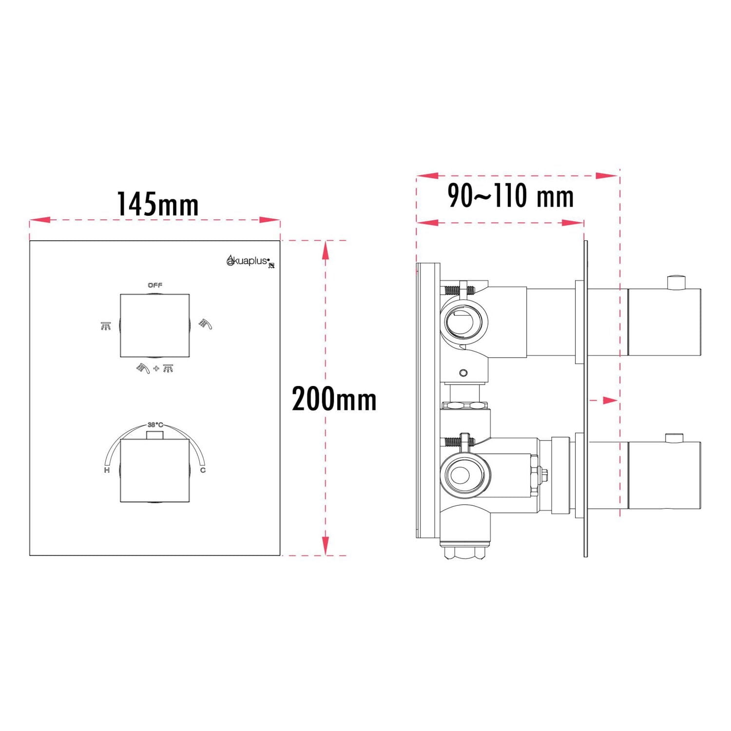 Valve thermostatique carrée 3 fonctions, 2 Systèmes de barre de douche réglable, fini noir
