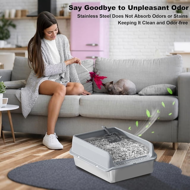 OUYAWEI 38L Deep Stainless Steel Cat Litter Box with Lid, Large Litter Box for Big Cats Non-Stick Stainless Steel Cat Boxes with Double Layer Litter Mat and Scoop, Easy to Clean,Gray