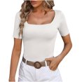 thumbnail image 1 of AherBiu Crop Tops for Women Square Neck Short Sleeve Slim Ribble Knit Blouse Going out Tops for Women, 1 of 3