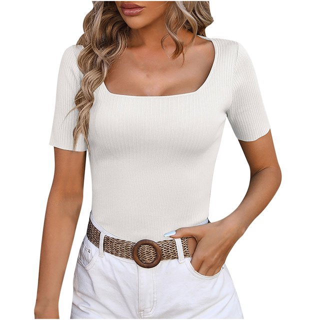 AherBiu Crop Tops for Women Square Neck Short Sleeve Slim Ribble Knit Blouse Going out Tops for Women