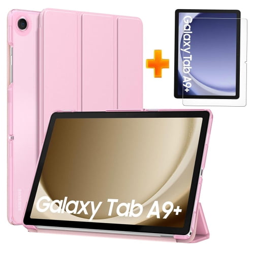 SuperShield Cases for Samsung Galaxy Tab A9 Plus/+ 11 Inch 2023 in rose gold, featuring a translucent tri-fold cover and tempered glass screen protector. The case includes advanced air cushion shockproof technology, a premium PU leather exterior, and a soft microfiber interior. It offers adjustable stand angles for versatile viewing and typing, precise cutouts for full access to controls, and a slim, lightweight design for portability. Compatible exclusively with Samsung Galaxy Tab A9 Plus models SM-X210/X216/X218.