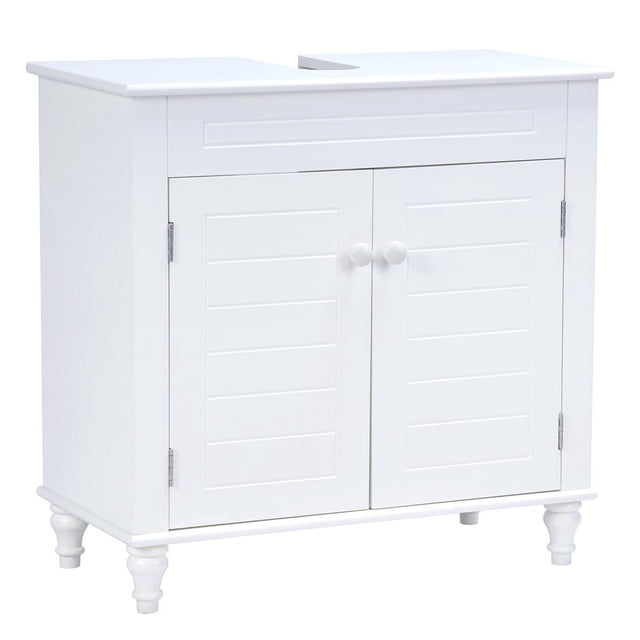 A&E Bath and Shower AXIL III Bathroom Cabinet in white with smooth coating, two paneled doors with round knobs, solid wood carved legs, and durable MDF construction, sized 30 inches tall by 24 inches wide and 18 inches deep, suitable for bathroom vanity storage and organization.