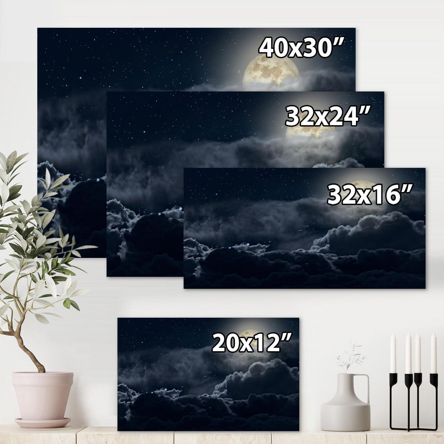 Designart Nuageux nuit de pleine lune Art mural sur toile