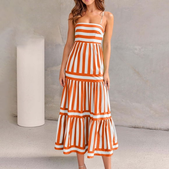 Pisexur Dresses Women Beautiful Summer Dress for Women's Loose Casual Striped Hem Adjustable Buckle Suspender Dress Orange,S