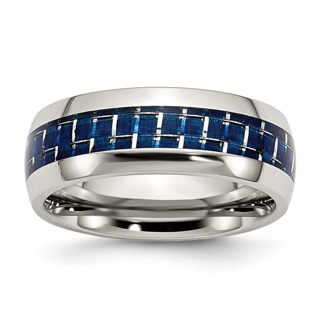 Stainless Steel Blue Carbon Fiber Inlay Polished Band Ring 8.5 Size