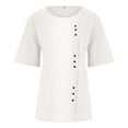 thumbnail image 4 of Jsaierl Hauts en Coton et Lin pour Femmes, Couleur Unie, Col Rond, Manches Roulées, Chemises d'Été Classiques Décontractées, Blouses Amples, 4 of 5