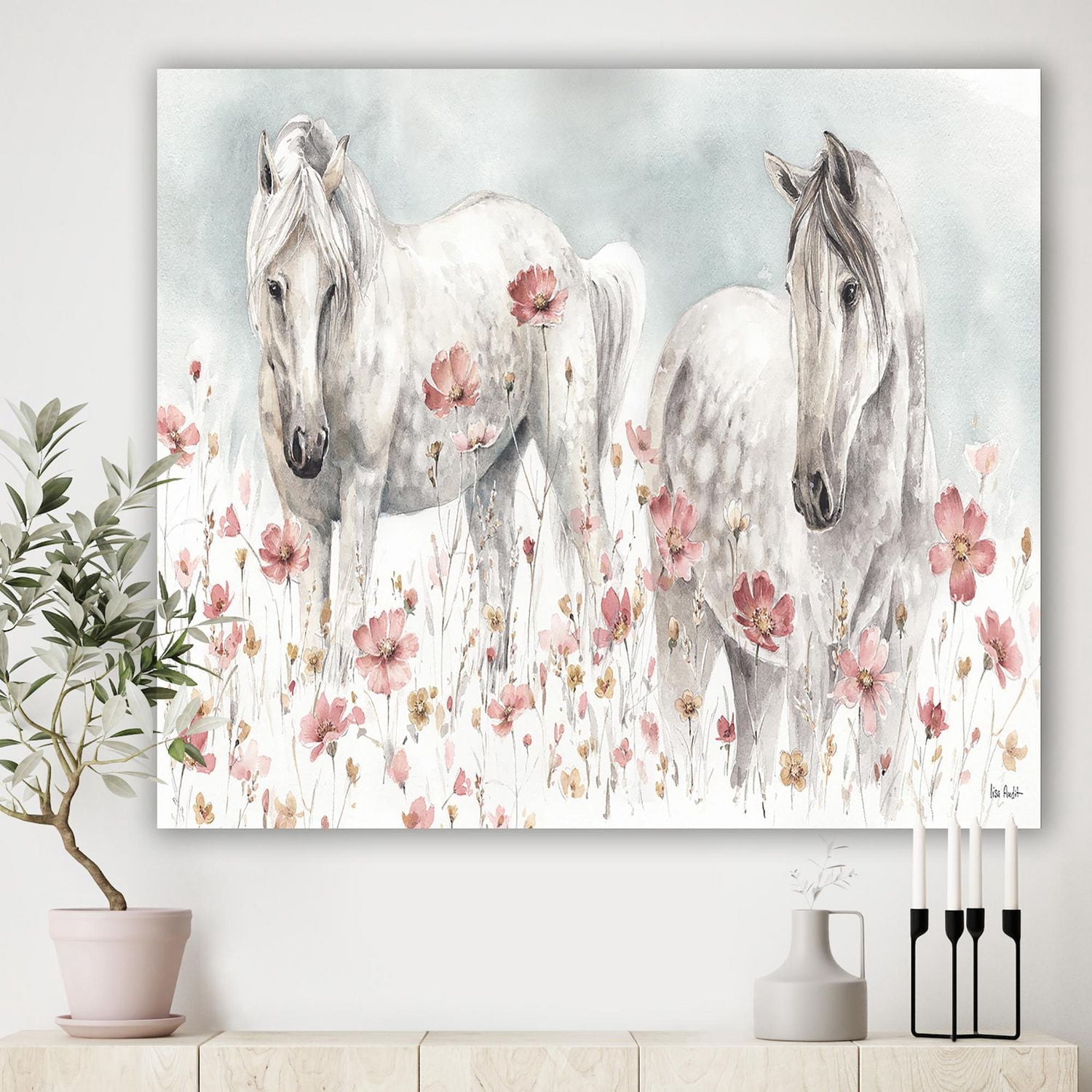 Designart aquarelles chevaux sauvages roses Art mural sur toile