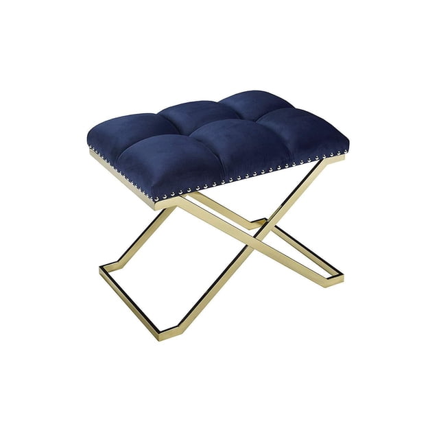 K Elite Navy Suede with Gold Base Bench with tufted navy suede cushion and silver nailhead trim, supported by a gold crossed metal leg frame, suitable for entryway seating or decorative use.