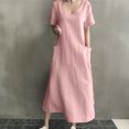 thumbnail image 4 of Robes pour Femmes 2024 Été Surdimensionnée Printemps et Col en V Uni Coton et Lin Décontractée avec Poche Robe à Manches Courtes Rabais de 50 % Liquidation!, 4 of 9