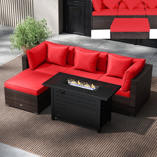 Costway Ensemble de Mobilier de Patio 5 Pcs Comprenant un Canapé Robuste avec Table Foyer de 60 000 BTU, Rouge