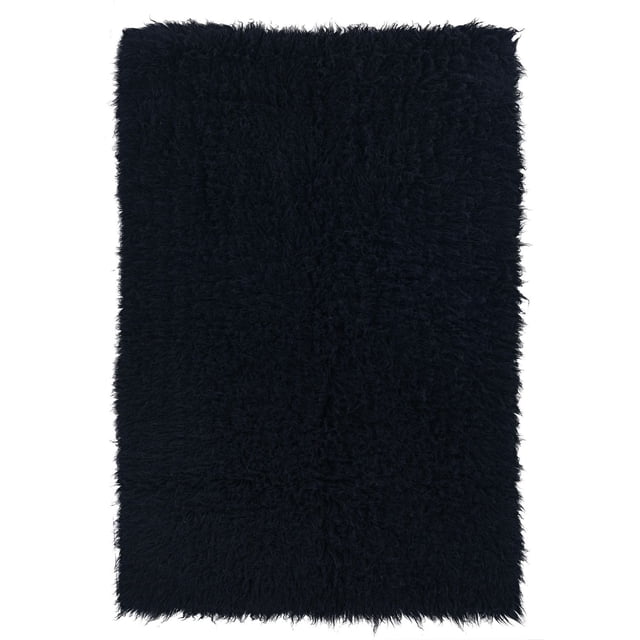 New Flokati 1400gr 5' x 8' Area Rug in black, hand woven in Greece from 100% New Zealand wool with a deep plush shag pile, shown flat with curly wool fibers and soft texture, ideal for bedrooms or living spaces and often used as a cozy floor accent.