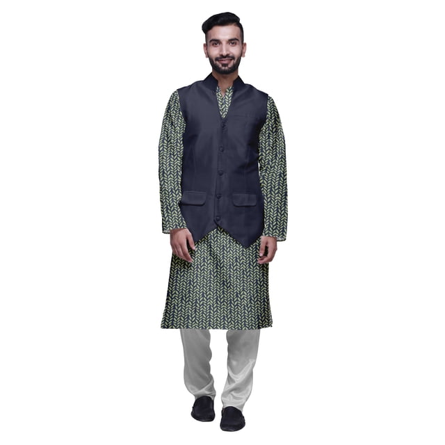 Atasi Traditional Printed Kurta Churidar Pajama Set With Nehru Jacket For Men