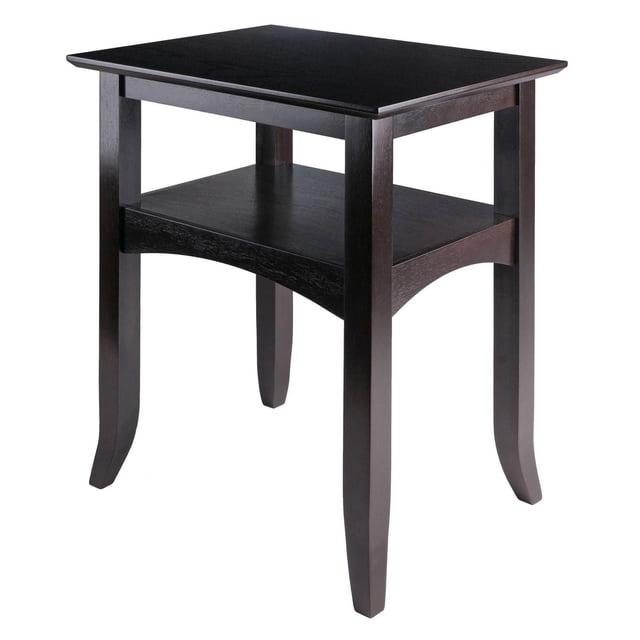 Winsome Camden End Table Coffee Finish with gently flared legs and arched aprons, solid wood construction in rich coffee colour, rectangular shape with a lower shelf for storage, suitable for living room or bedroom furniture.
