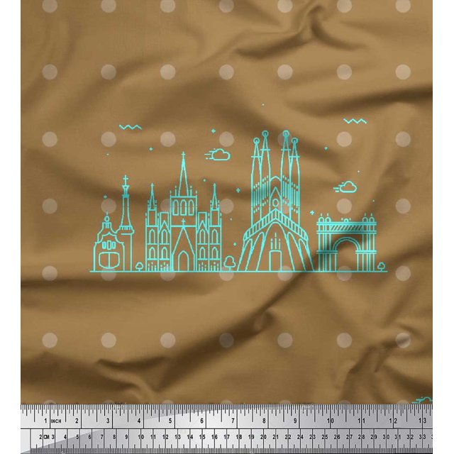 Soimoi Brown Rayon Fabric Dot & Sketch Monuments Architectural Fabric Prints By Yard 56 Inch Wide