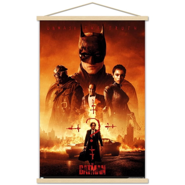 DC Comics Film The Batman - Affiche Murale d'Une Feuille, 22,375 Pouces x 34 Pouces Encadrée avec un Fond orange Ardent avec la silhouette de Batman Centrée au-Dessus de Trois Personnages et un Homme en Complet Debout Près d'Une Voiture en Feu Marquée de Points d'Interrogation Rouges et de Symboles. la phrase « Démasque la Vérité » Apparaît en Haut en Rouge. Cette Oeuvre Murale Encadrée Convient aux Chambres, Bureaux Ou Dortoirs.