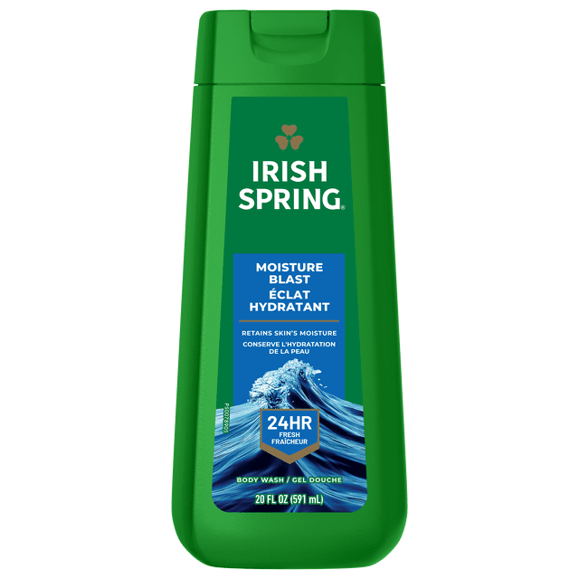 Irish Spring Moisture Blast Gel Douche pour Hommes, Bouteille Verte de 591 ml avec Bouchon Rabattable Étanche et Étiquette Bleue Mettant en Valeur une Fraîcheur de 24 Heures et une Rétention d'Humidité, Conçue pour une Utilisation Visage et Corps dans les Soins du Bain et de la Douche.