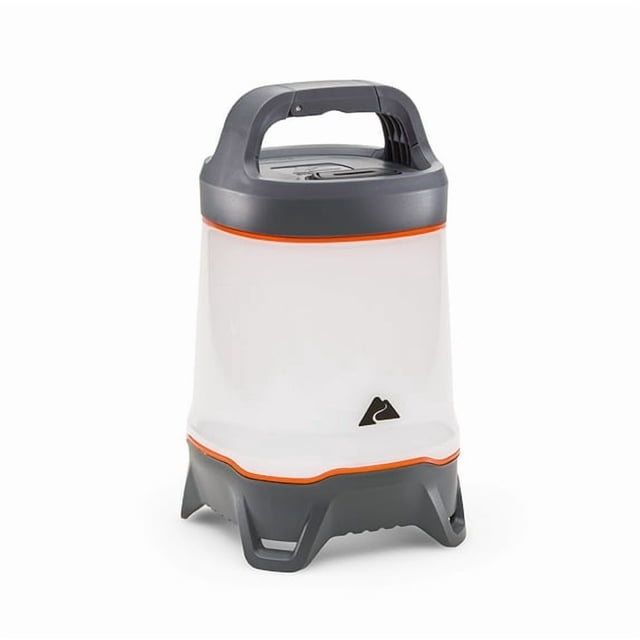 Ozark Trail 1000 Lumen LED Camping Lantern in gray and orange with a sturdy handle, frosted diffuser, and stable base, featuring water resistance and extended runtime ideal for camping and emergency use.