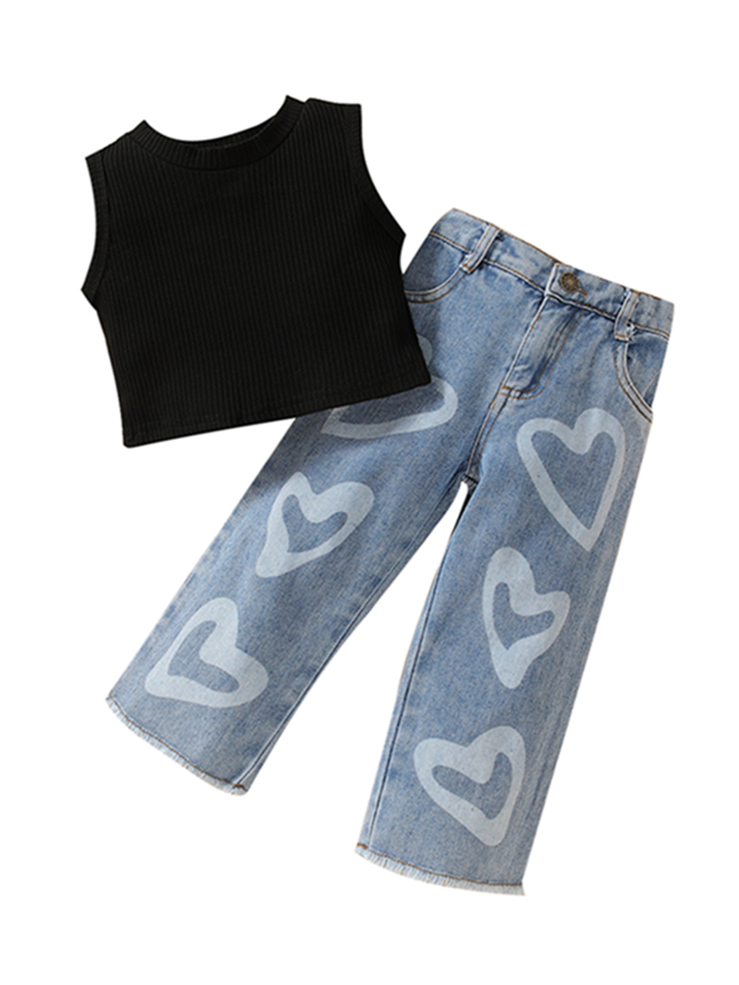 Faithtur Kids Girls Clothes Suits Solid Color Ribbed Sleeveless Tank Tops and Heart Print Jeans Denim Pants 2Pcs Suit