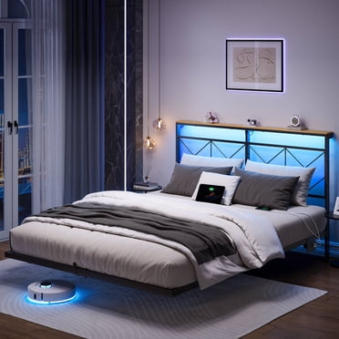 GUNAITO Full Size Floating Bed Frame Metal Platform Bed with LED Lights & Charging Station Modern Bed with Headboard and Under-bed Storage Black