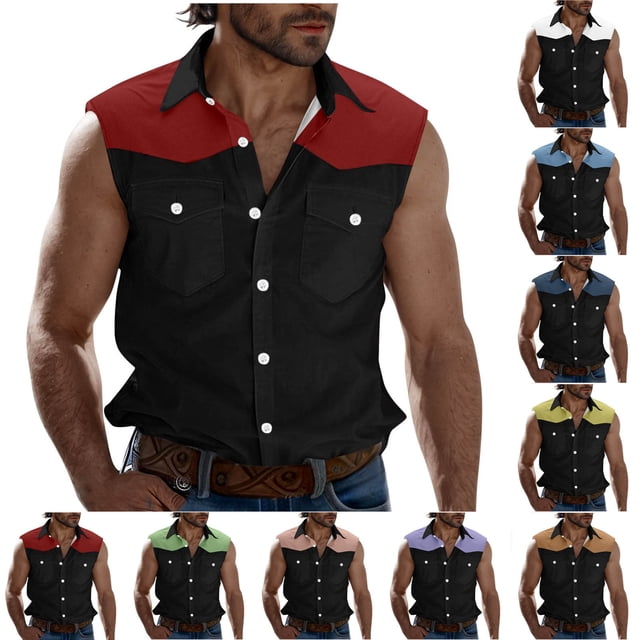 Sentmoon Men's Tank Shirts Summer Sleeveless Lapel Tank Tops Men Color Block with Pockets Loose Fit Oversized Workout Workout Clothes Holiday for Layering Under Shirts Red XXL