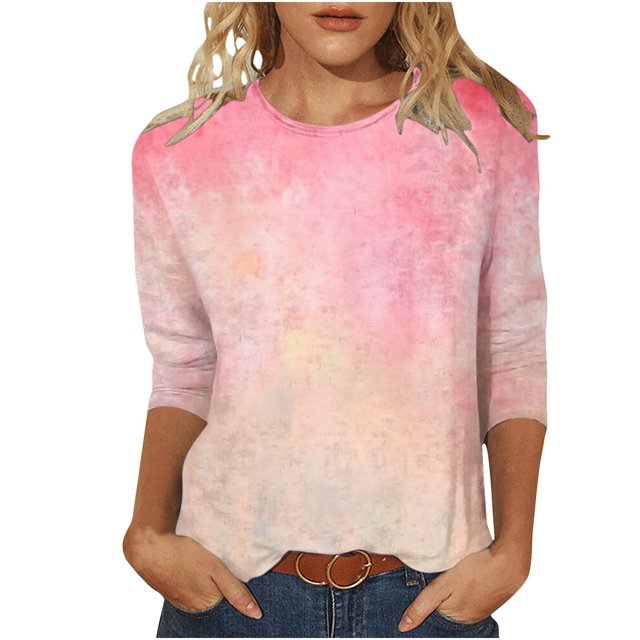 Besolor T-Shirts à Manches 3/4 pour Femmes, Tendance, Col Ras du Cou Teinture sur Nœuds, Hauts Décontractés Amples, Blouse T-Shirts pour Sorties