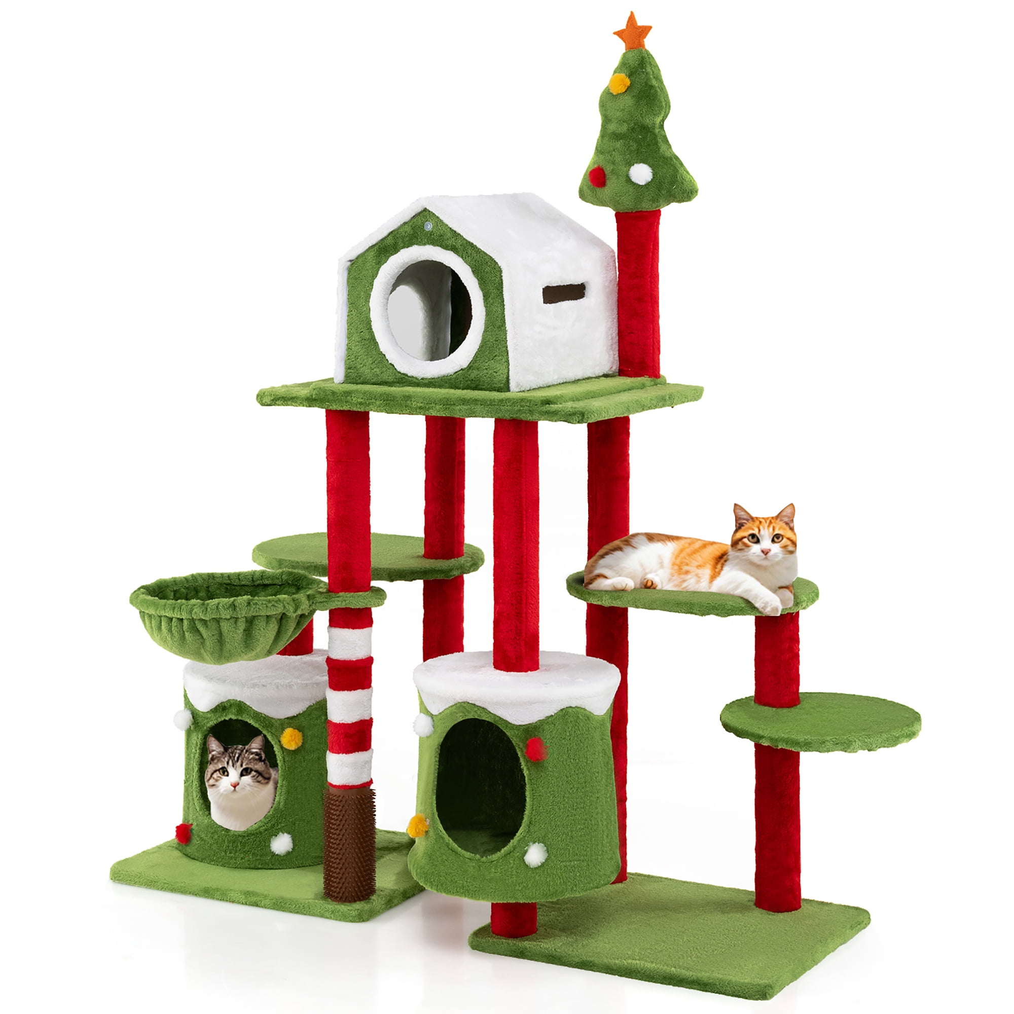 Gymax 48'' Mushroom Cat Tree for Indoor Cats w/ 2 Cute Condos Plush Perch Teasing Balls
