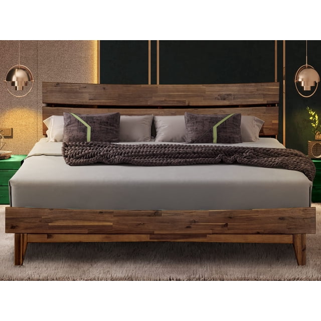 Acacia Aurora Bed Frame with Headboard Solid Wood Platform Bed, King Size Bed Frame, Unique Design Contemporary Signature Wood Bed Compatible with All Mattresses, Non-Slip and Noise-Free, Chocolate