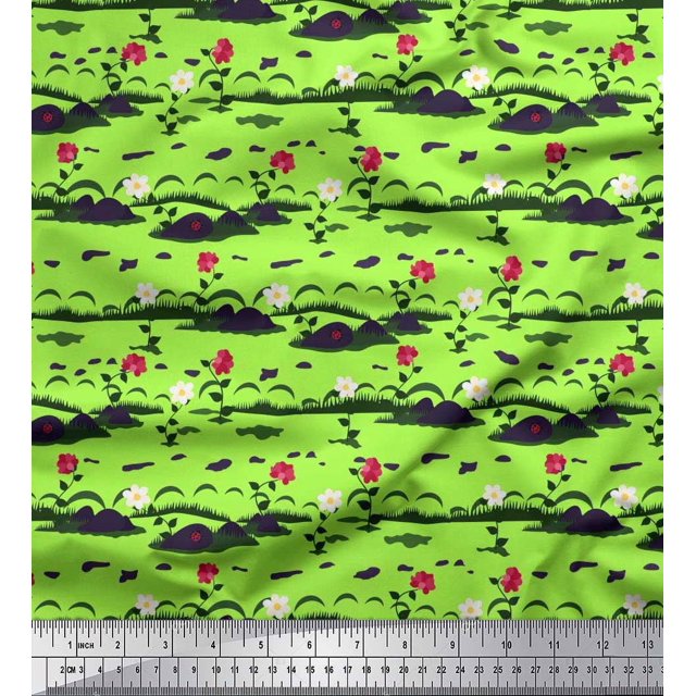 Soimoi Polyester Crepe Fabric Insect,Leaves & Floral Artistic Printed Fabric 1 Yards 52 Inch Wide