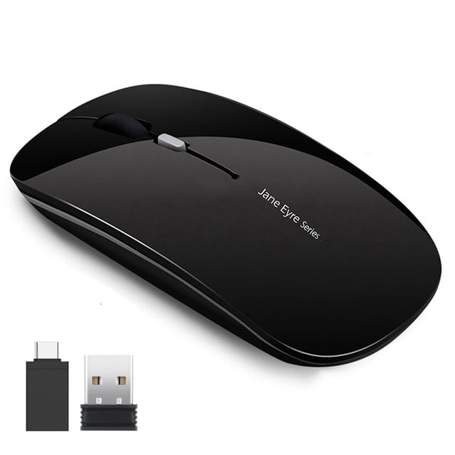 JUNWELL Wireless Mouse Silent Rechargeable Computer Mouse with USB Nano Receiver. Features a slim black design, measuring 4.4 x 2.25 x 0.79 inches, with a USB nano receiver and Type-C adapter for flexible connectivity. Provides a 2.4 GHz wireless connection with a 10-meter range, silent buttons, and adjustable DPI levels (800, 1200, 1600). Includes a rechargeable battery with auto-sleep for power saving. Compatible with Windows and Mac systems.