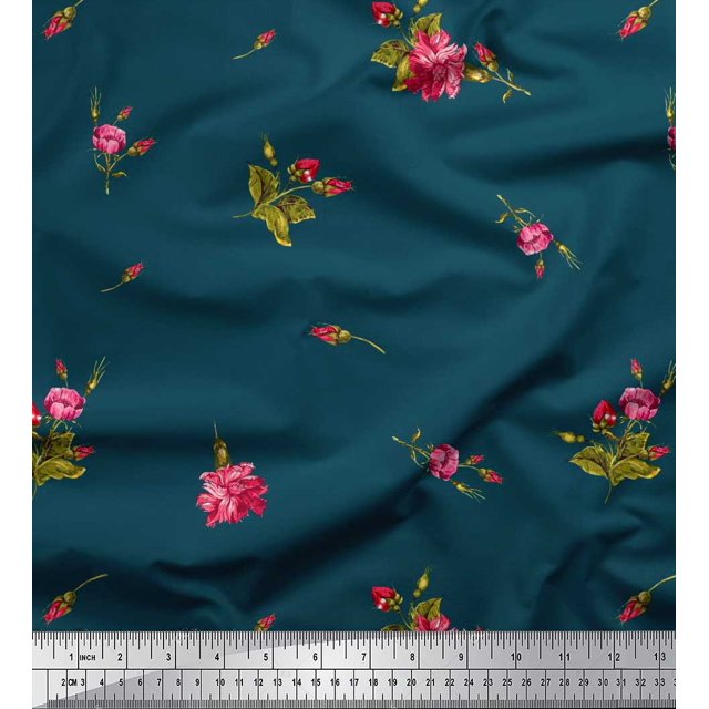 Soimoi Polyester Crepe Fabric Leaves & Carnation Floral Printed Fabric 1 Yard 42 Inch Wide