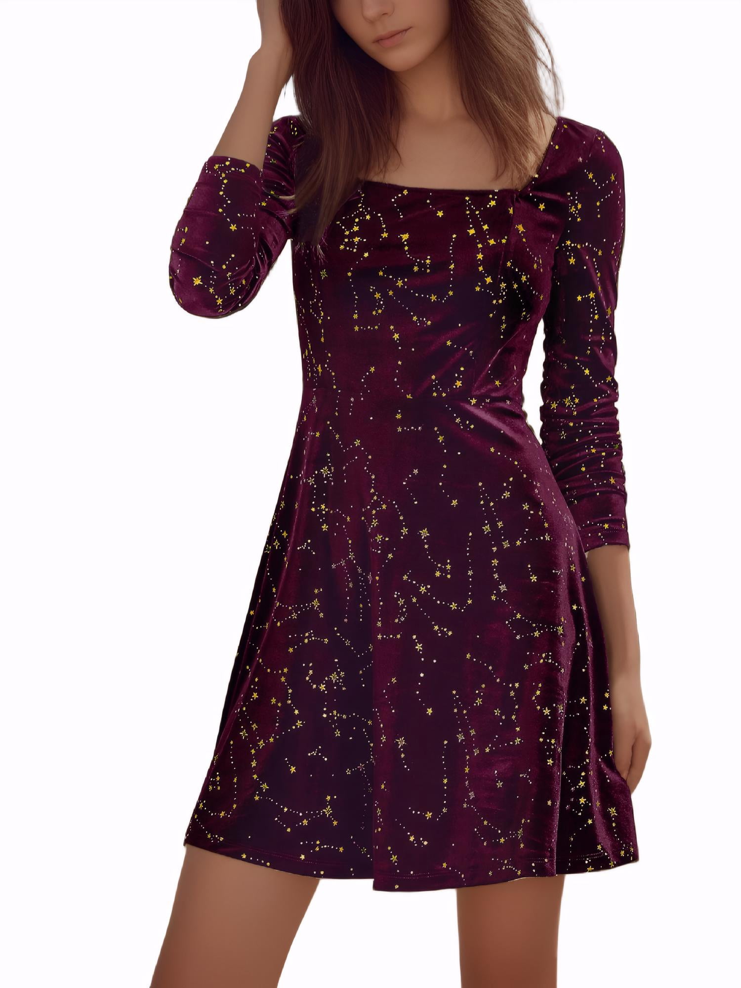 INSPIRE CHIC Robes Mini Vintage en Velours à Encolure Carrée à Étoiles pour Femmes