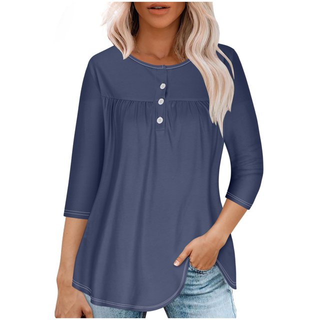 RXIRUCGD T-shirt d'Été Décontracté pour Femmes Manches Trois-Quarts Col Rond Froncé Blouse, Marine, Taille: 2TG