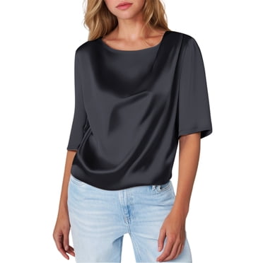 LUOGENLI T-shirts pour Femme pour Femmes Nouveau Design à la Mode pour Femme T-Shirt en Satin à Manches Courtes T-Shirt en Soie à Manches Trois Quarts avec Haut Intérieur T-shirts pour Femmes T-shirts Graphiques Saint-Valentin Noir TTTG