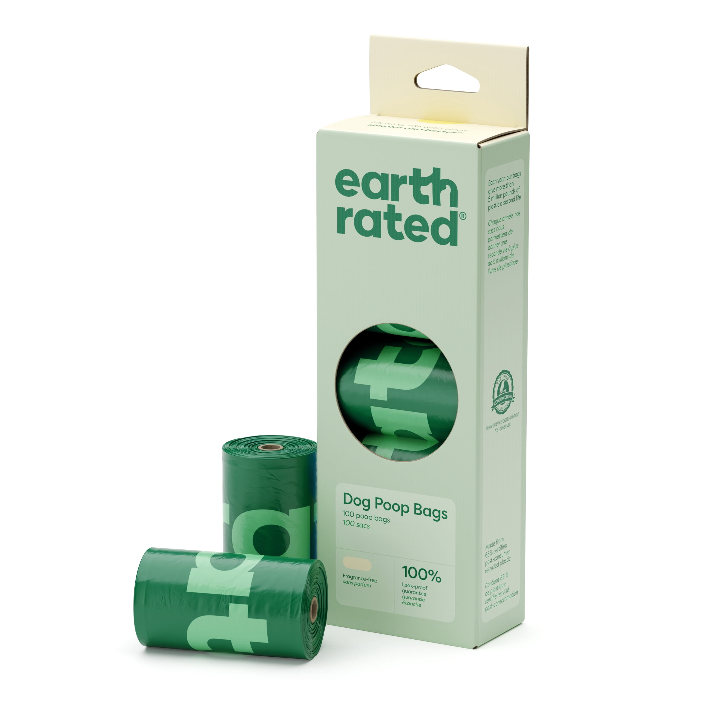 Earth Rated Sacs pour Excréments de Chien Sans Parfum et Étanches, 100 Sacs sur 5 Rouleaux de Recharge Individuels