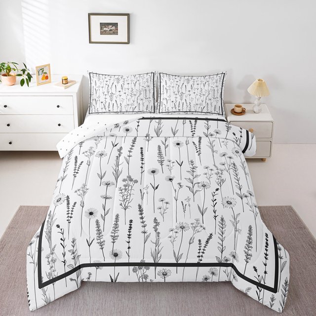 Erosebridal Ensembles de Couette Rétro à Fleurs, Format Simple, Couettes et Duvets de Jardin Printanier, Noir Blanc, Réversible