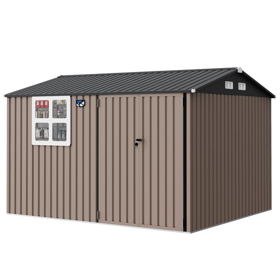 Metal Storage Shed – Heavy-Duty 8x10 ft Outdoor Utility Shed – Galvanized Steel with Lockable Door & Windows – Sloped Roof – for Backyard, Garden, Garage & Patio – Brown