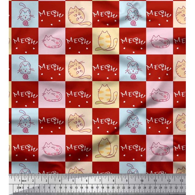 Soimoi Rouge Moss Tissu Georgette Texte & Imprimé Animal Chat Tissu au Mètre 42 Pouces de Large