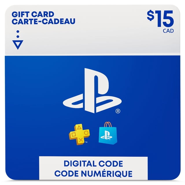 Sony Playstation $15 Gift Card digital code featuring a blue and white card with the PlayStation logo, PlayStation Plus, and PlayStation Store icons, redeemable for games, subscriptions, and add-ons on Canadian accounts.